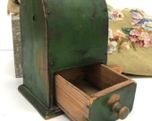 Antique Primitive Green Coffee Grinder Drawer Folk European Green Paint Farmhouse Tabletop Grinder