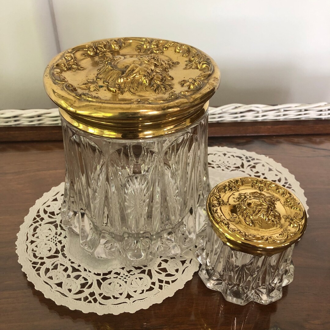 Antique Glass Brass Dresser Jars Humidor Vanity Set Etsy