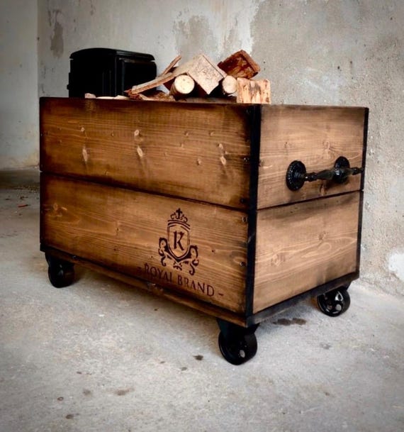 Vintage Wooden Box on Steel Casters Vintage Firewood Box Wooden