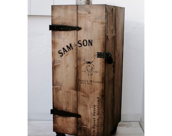 Kast thuis bar houten kist vrachtkist houten kist "Sam&Son" met vintage wielen