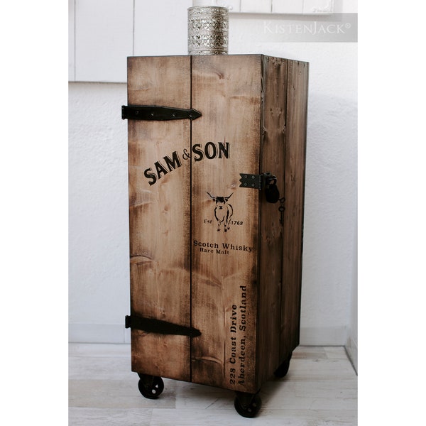 Schrank Hausbar Holzkiste Frachtkiste Holztruhe "Sam&Son"mit Vintagerollen