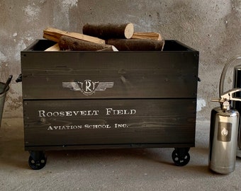 Vintage wooden box on steel wheels Vintage firewood box wooden box storage box