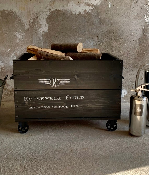Vintage Wooden Box on Steel Casters Vintage Firewood Box Wooden