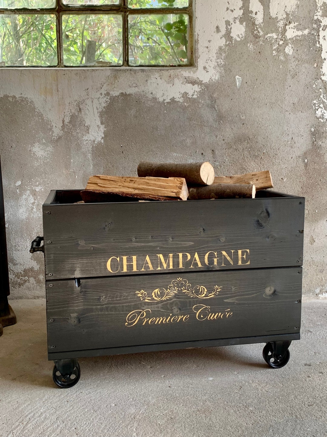 Vintage Wooden Crate on Steel Wheels, Vintage Firewood Crate