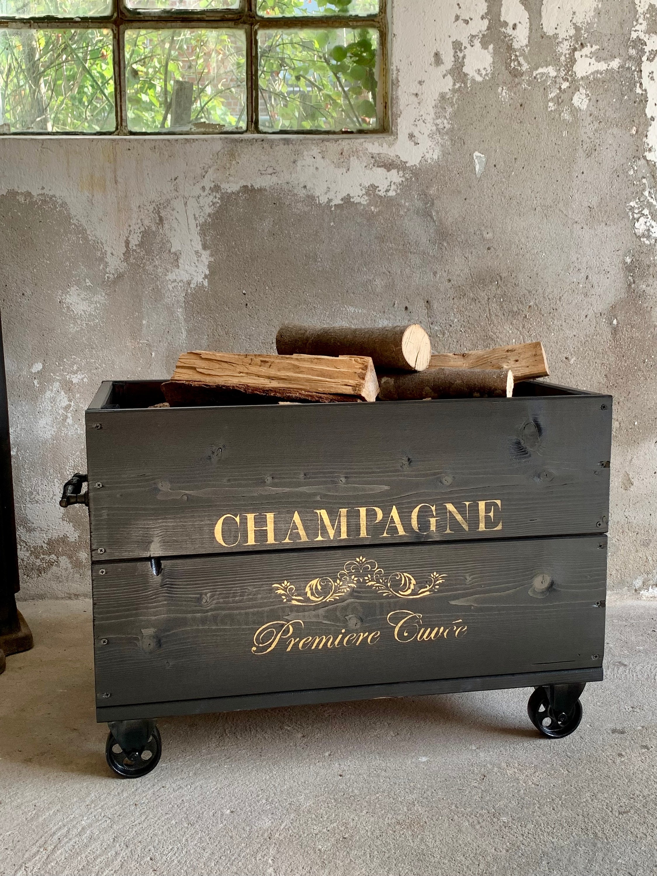 Vintage Wooden Box on Steel Casters Vintage Firewood Box Wooden