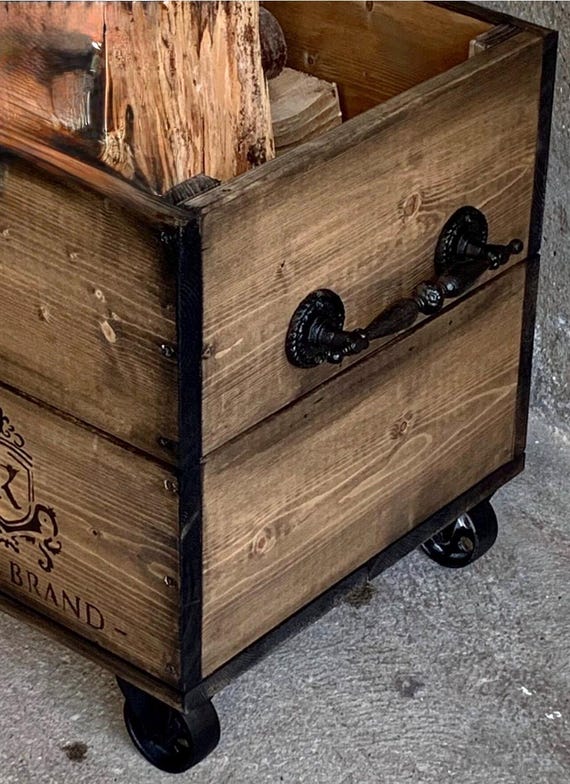 Vintage Wooden Box on Steel Casters Vintage Firewood Box Wooden
