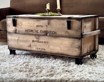 XL Chest on Steel Wheels, Wooden Crate, Cargo Box, Bench, Coffee