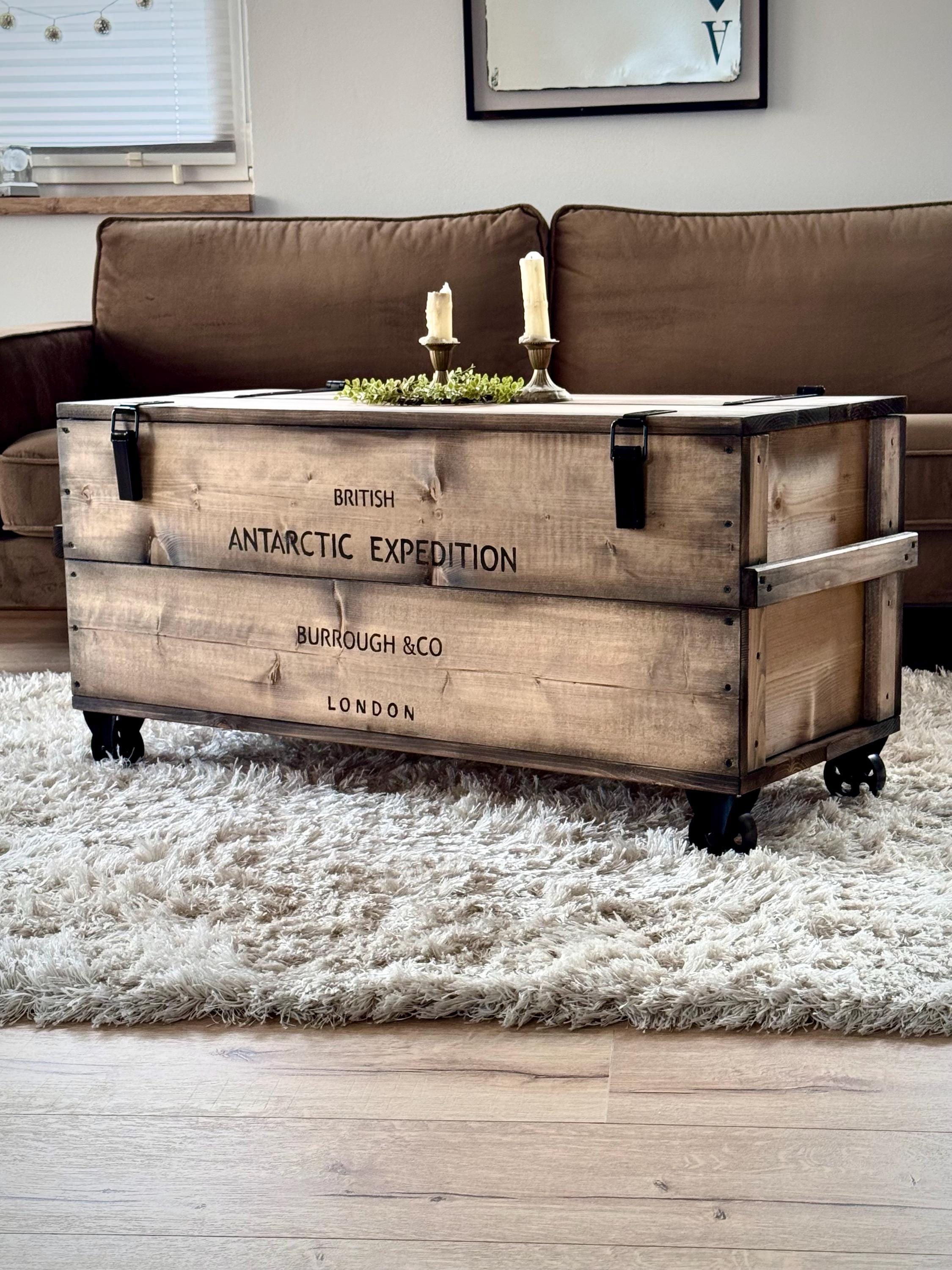 XL Chest on Steel Wheels, Wooden Crate, Cargo Box, Bench, Coffee