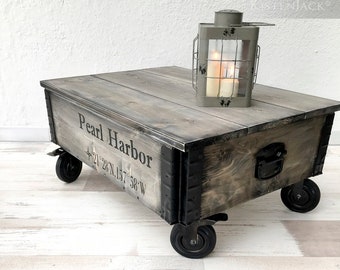 Coffee table wooden box cargo box wooden chest with wheels "Pearl Harbor"