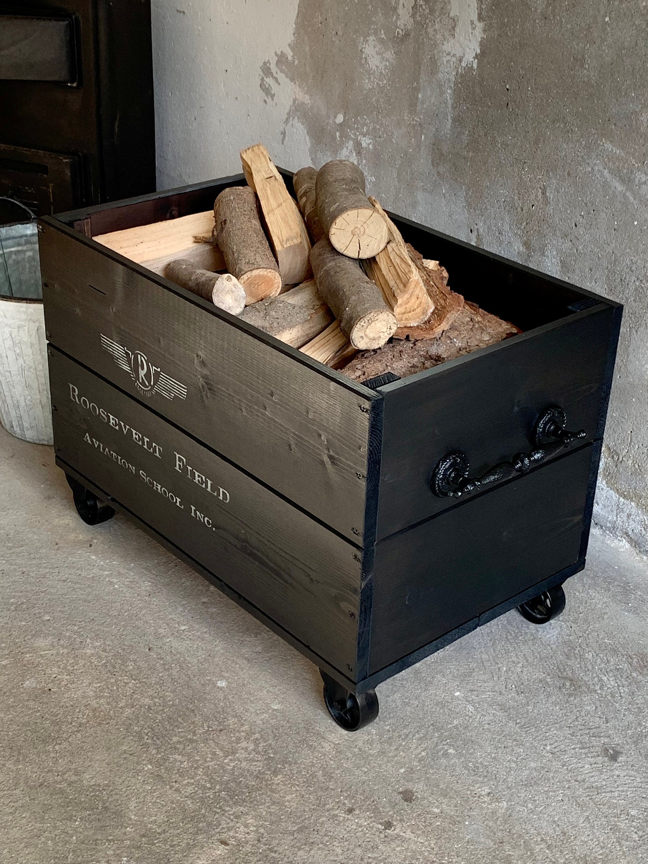 Vintage Wooden Box on Steel Casters Vintage Firewood Box Wooden