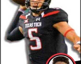 May include: A young man wearing a black and red Texas Tech football jersey with the number 5 on the front. He is holding a football and looking to the right. The image is a close-up of his face and upper body. The text "PATRICK MAHOMES" and "2014 Hot Shot Prospects" is at the bottom of the image.