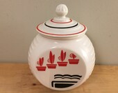 Vintage 1940s Hocking Vitrock Milk Glass Red Flower Pot Grease Jar Fire King 1940s Fire King Anchor Hocking Vitrock Milk Glass Grease Jar