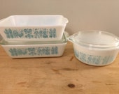 Pyrex Butterprint in Turquoise Two 503 Refrigerator Dishes, One with Lid and One 472 1 1 2 Pint with Lid