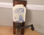 Vintage Porcelain and Cast Iron Blue Delft Windmill Wall Mount Coffee Grinder From Holland Wooden Hand Crank