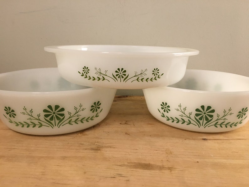 Vintage Glasbake Green Daisy Flower Casserole Dish Set White Etsy