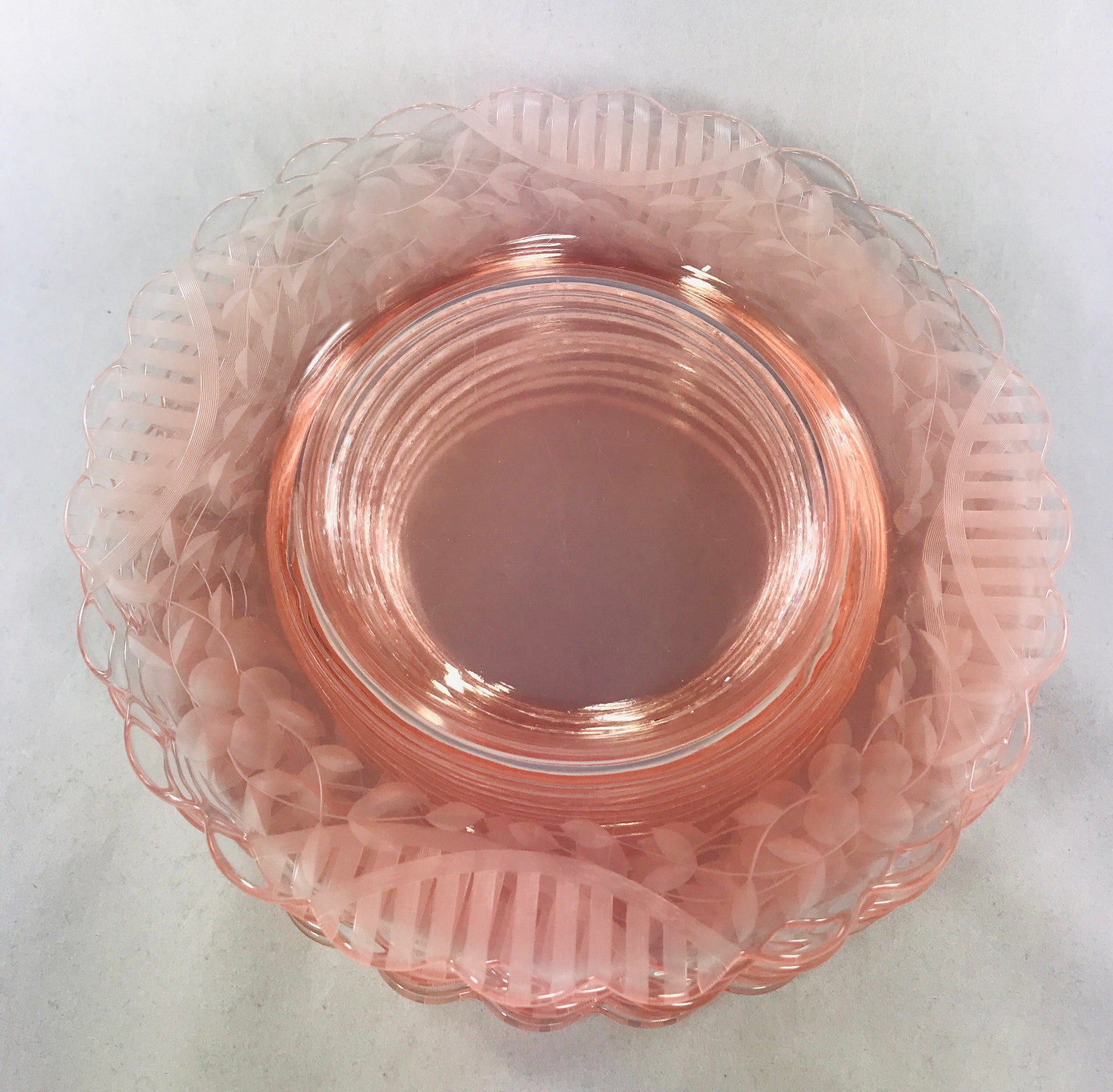 8 Blush Pink Depression Glass Etched Floral Plates Etsy