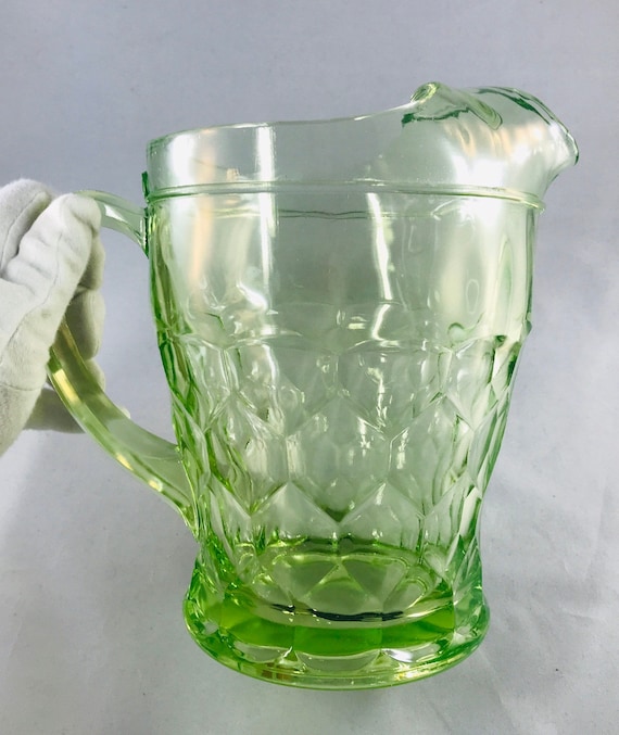 Vintage Green Uranium Depression Glass Water Pitcher w/ 5 Glasses