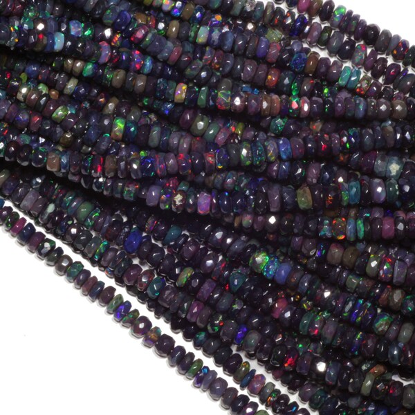 Black Ethiopian Opal 4mm Faceted Rondelles Beads Natural Semi Precious Gemstone Beads 16" Full Strand