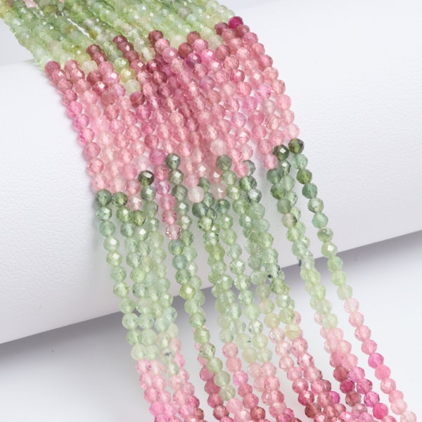 Afghani Watermelon Tourmaline 2mm Faceted Rounds 13" Bead Strand