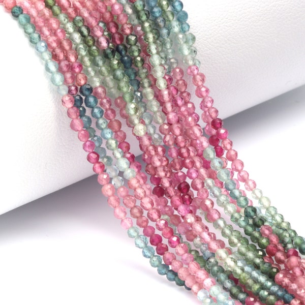 Watermelon Tourmaline 2mm Faceted Rounds 13" Bead Strand