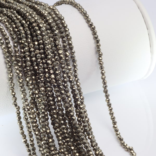 Natural Pyrite 2mm Faceted Rounds 13" Bead Strand