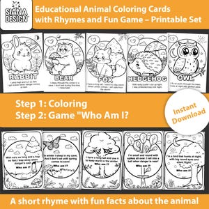 Cartões educativos para colorir animais com rimas e jogo divertido – Conjunto para impressão para crianças, bebês, pré-escolares Livro para colorir para crianças para impressão