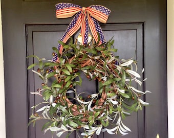 July 4th wreath ,faux olive wreath with American flag print ribbons, Independence Day wreath, everyday wreath