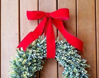 Holiday Faux eucalyptus wreath with red velvet ribbon