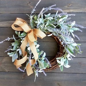 Faux Lamp&#39;s ear and lavender wreath with burlap ribbons