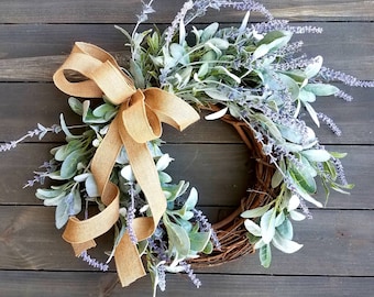 Faux Lamp's ear and lavender wreath with burlap ribbons