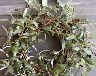 Rustic faux olive wreath with the green stripe ribbons