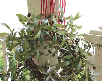 Rustic Faux olive wreath with red/white stripe robbins