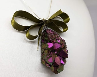 Pink and green crystal pendant with spring palette satin ribbon