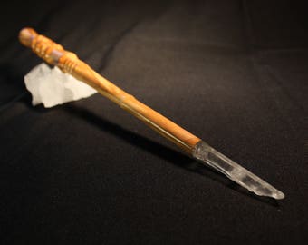Hand Made Olivewood Metaphysical Wood Wand With Amethyst and Quartz Point