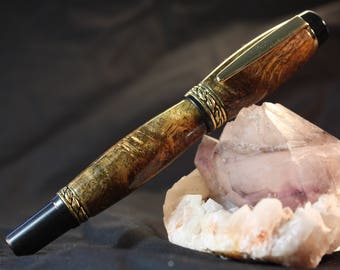 Hand Made Stabilized Black and Gold Box Elder Sophisticated Rollerball Pen
