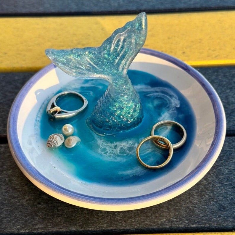 Mermaid Seashell Art Beach Ocean resina epoxi joyería plato anillo plato baratija bandeja regalo de Navidad MTO hecho a pedido imagen 2