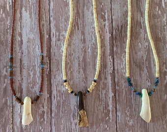 Power Necklace: Healing Buffalo Tooth, Wood, Coral, Bone, Natural Gemstone Beaded Necklace