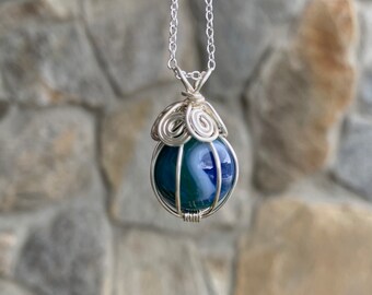 MTO: Sea Glass or Glossy Wire-wrapped U.S.A. marble on a .925 Silver-plated Chain Necklace