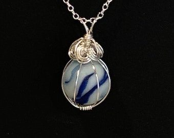 Sea Glass Wire-wrapped U.S.A. marble on a .925 Silver-plated Chain Necklace