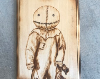 Sam, Trick R Treat Woodburned Wall hanging- Horror, Movies, Halloween, Home decor, Ornament, Plaque, Key/Mask Holder, Gift