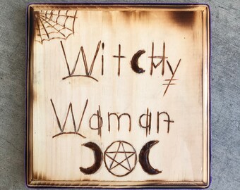 Witchy Woman Wall Hanging- Home Decor, Woodburned, Halloween, Pagan, Wiccan, Witch, Handmade, Key/Mask Holder, Gift