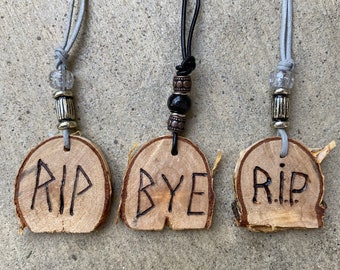 Headstone Woodburned Necklace- Grave, Cemetery, Mortuary, Funeral, Halloween, Spooky, Jewelry, Goth, Gift