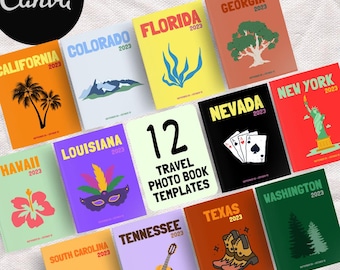 Paquete de 12 plantillas de álbumes de fotos de viajes por CIUDADES/ESTADOS/Libro decorativo para la mesa de café/Álbum de viajes personalizado/Plantilla digital Canva
