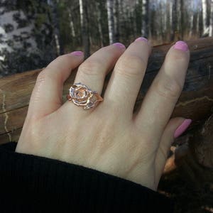 14K Rose Gold Rose and Leaf ring image 7