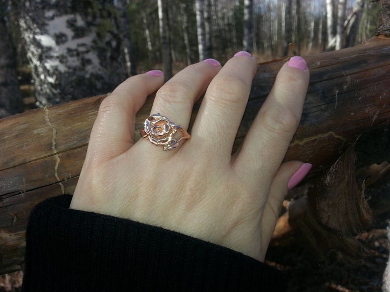 14K Rose Gold Rose and Leaf ring image 7