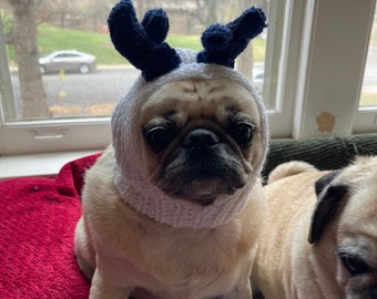 Knit Pug Hat/Snood with cream blue sparkle Antlers / SO ELEGANT unisex Hand Made!  100% profits go to charity