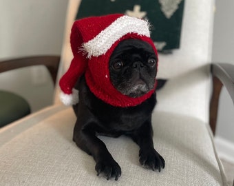 Knit Santa Pug Hat/ Santa Snood for Pugs/ Christmas Pug Hat Red & White / Hand Made!  100% profits go to charity