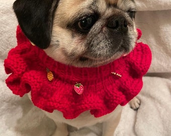 Fresh Fruit charms on a premium red ruffle collar for pug / dog    - 100% goes to pug rescue