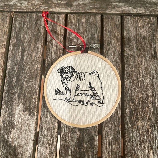 Hand Made Pug Ornament/ wood / Christmas Pug Ornament/ embroidered pug / fawn pug / 100% of proceeds donated to The Pug Queen Founda