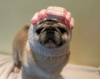 Knit Pug Halloween Costume/ Hair Rollers White sparkle / Dog Cat Costume / Cat Costume / Hand Made!  100% profits go to charity